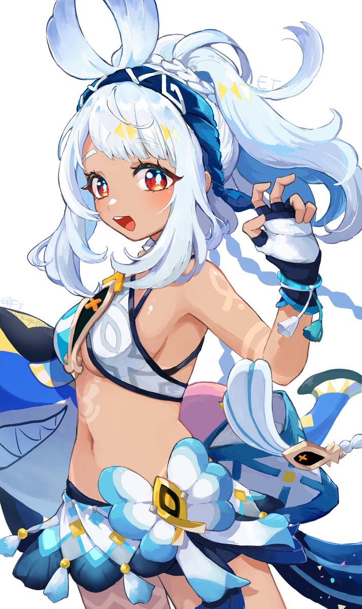 1girl, :d, bare_shoulders, black_gloves, blue_hair, blue_headband, braid, breasts