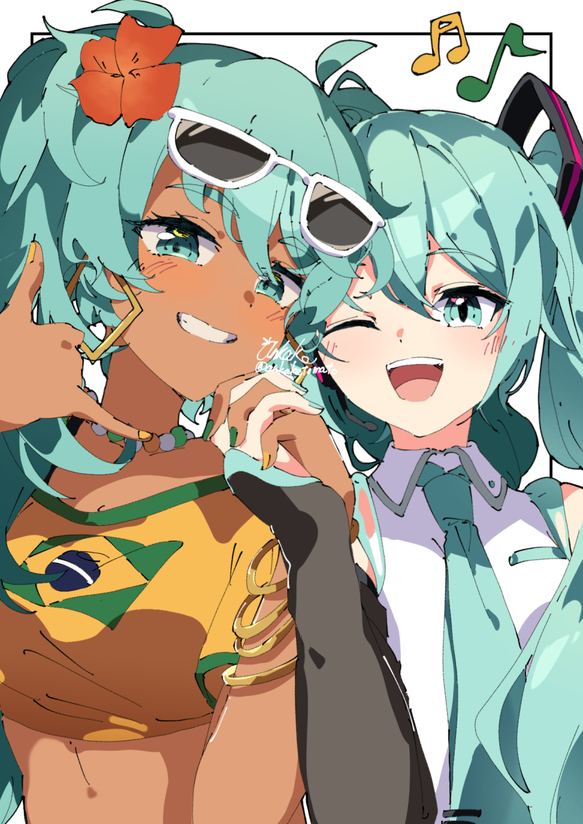 2girls, ahoge, ankaketomato, aqua_eyes, aqua_hair, blue_necktie, blush, bracelet, brazilian_flag, brazilian_flag_print, brazilian_miku, breasts, eyebrows_hidden_by_hair, flag_print, flat_chest, flower, hair_between_eyes, hair_flower, hair_ornament, hatsune_miku, highres, holding_hands, interlocked_fingers, jewelry, long_hair, looking_at_viewer, medium_breasts, multicolored_nails, multiple_girls, musical_note, necklace, necktie, one_eye_closed, open_mouth, shaka_sign, shirt, simple_background, smile, tan, teeth, twintails, upper_body, upper_teeth_only, very_long_hair, vocaloid, white_background, white_shirt, yellow_shirt