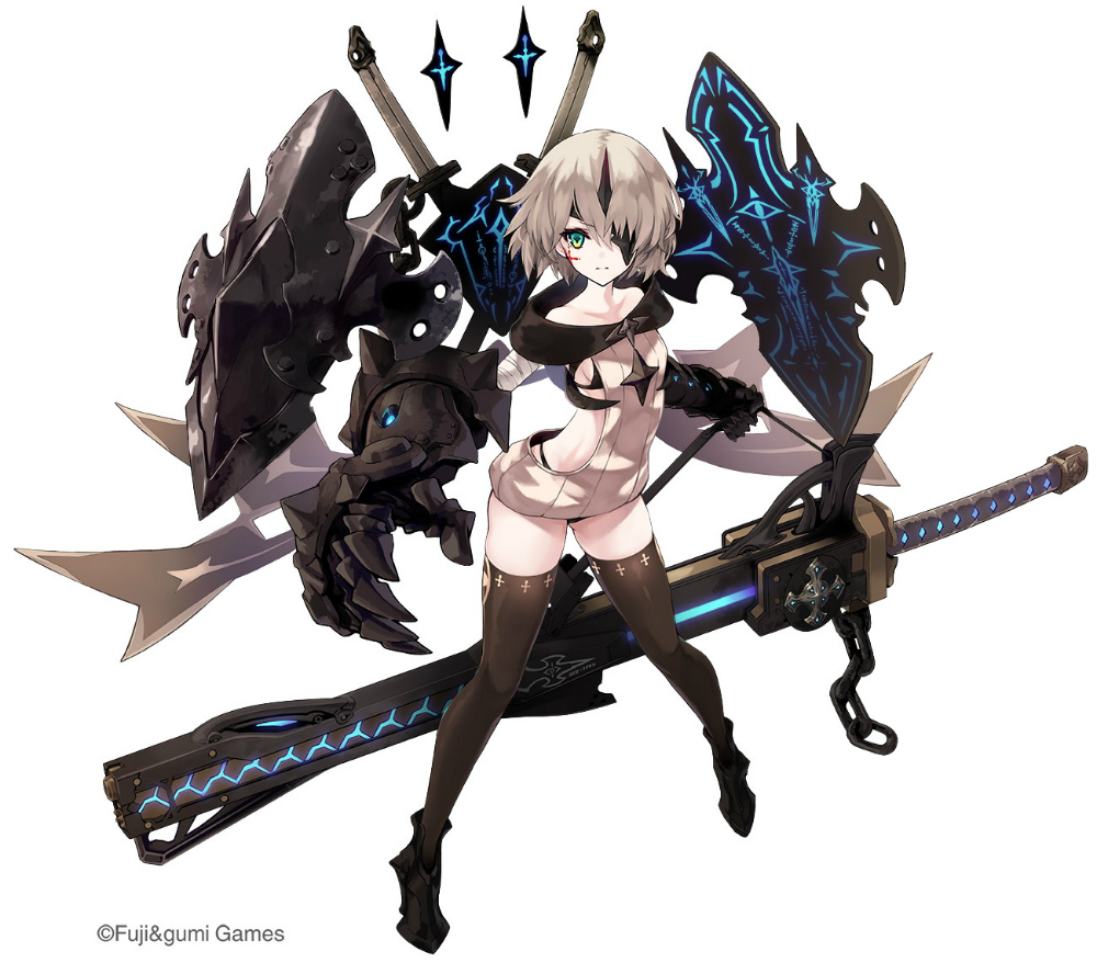 1girl, ahat_(ta_ga_tame_no_alchemist), bare_shoulders, breasts, brown_hair, brown_socks, closed_mouth, expressionless