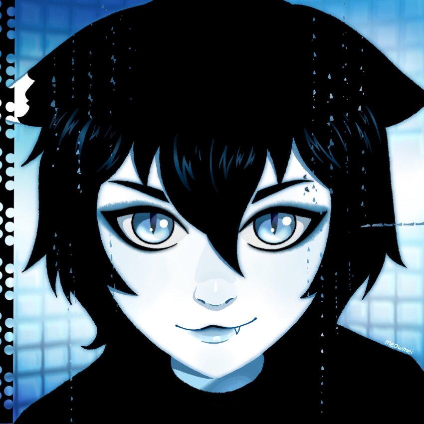 1girl, :3, album_cover, animal_ears, artist_name, black_hair, blue_eyes, blue_skin