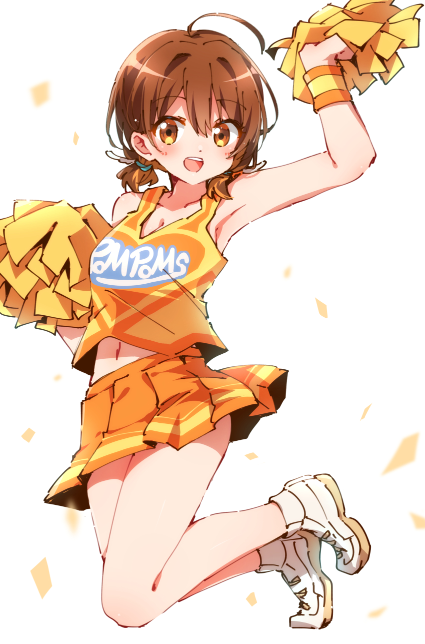 1girl, :d, absurdres, ahoge, breasts, brown_eyes, brown_hair, cheerleader