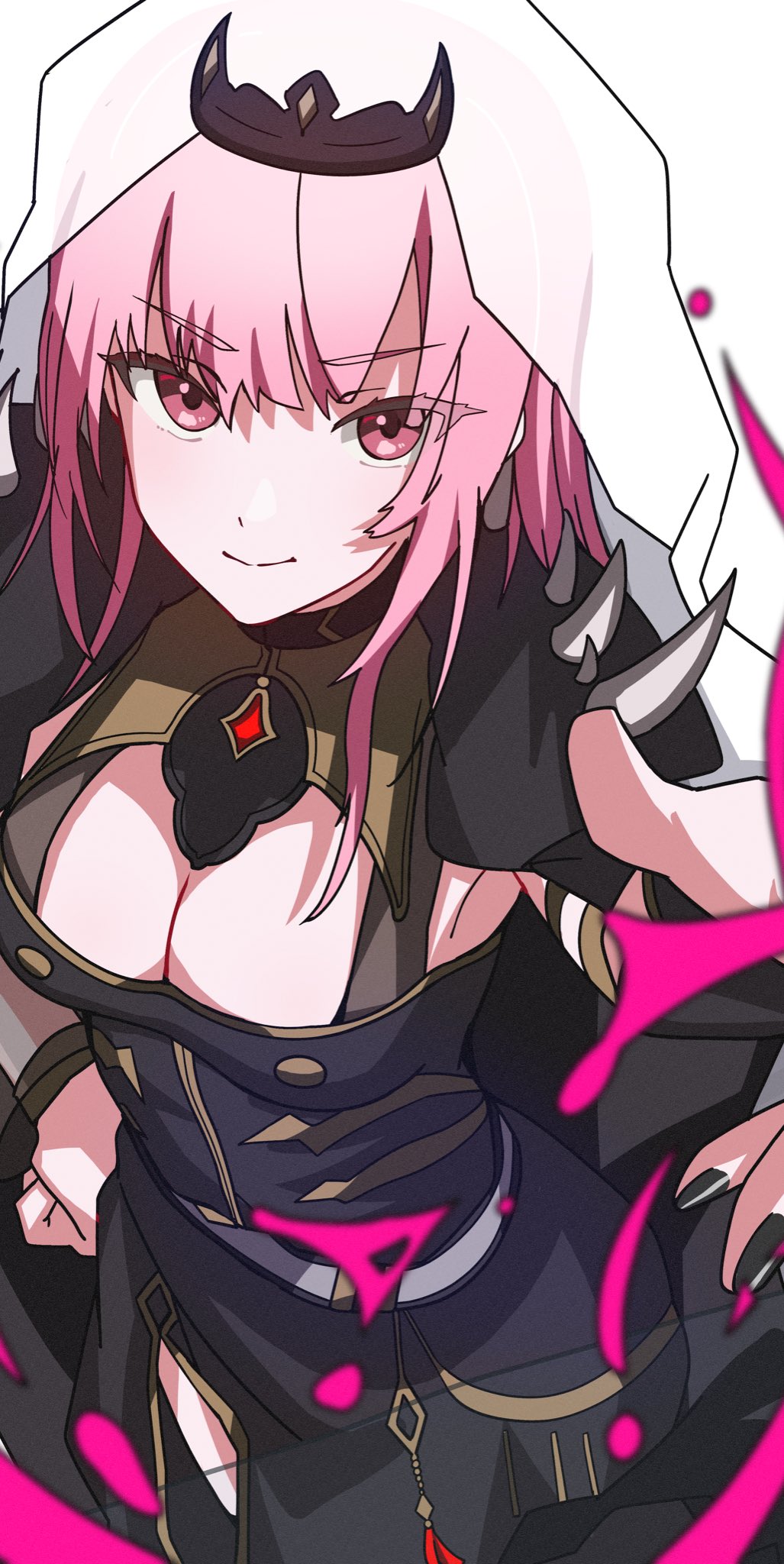 1girl, black_cape, black_dress, black_tiara, breasts, cape, cleavage, commentary_request