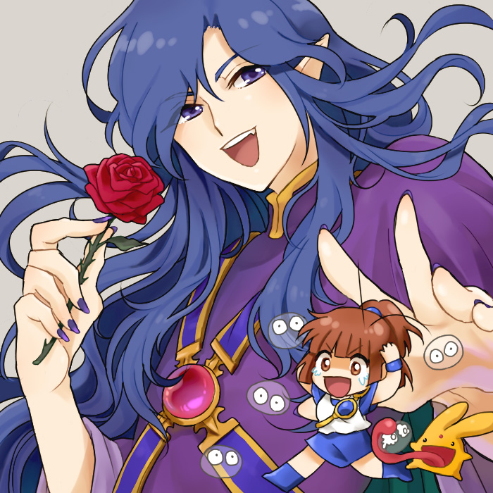 1boy, 1girl, :d, arle_nadja, armband, arms_up, asymmetrical_bangs, bishounen