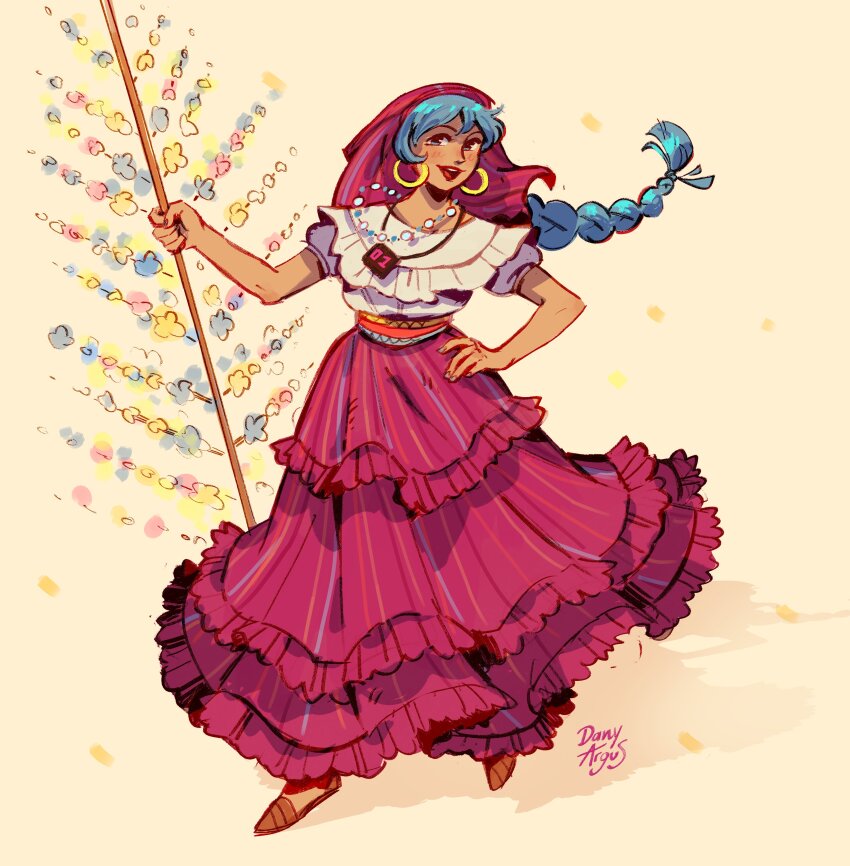 1girl, absurdres, alternate_costume, alternate_hairstyle, alternate_skin_color, blue_eyes, blue_hair, brown_shoes