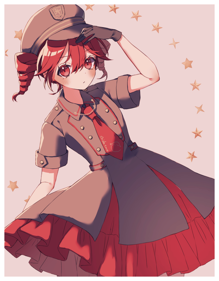 1girl, alternate_costume, artist_name, black_gloves, blush, border, brown_dress, brown_hat