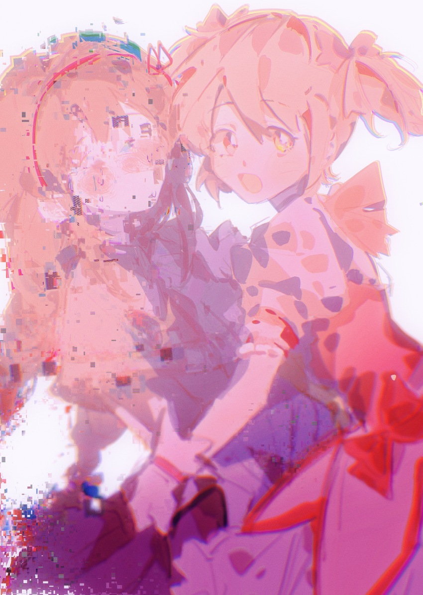 2girls, absurdres, akemi_homura, akemi_homura_(magical_girl), black_hair, black_skirt, bow, bow_choker