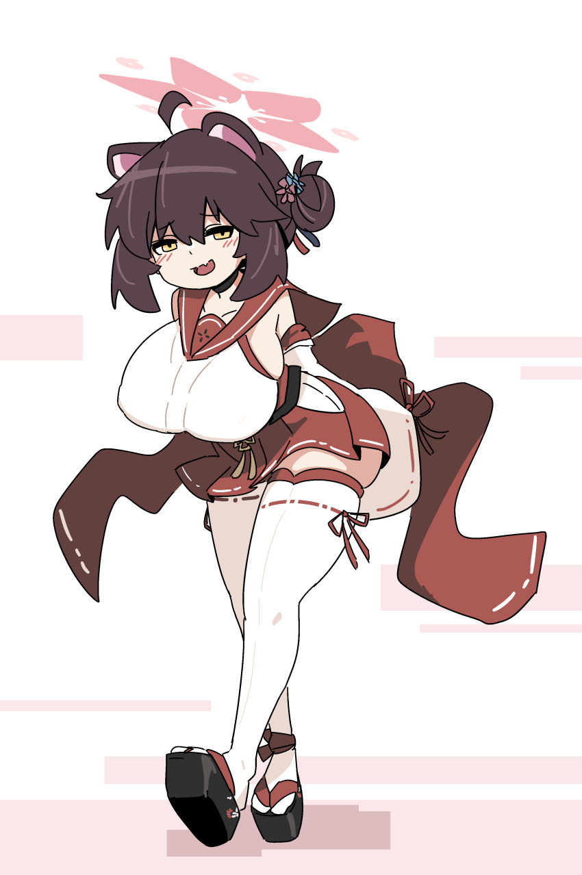 1girl, absurdres, animal_ears, arms_behind_back, bent_over, blue_archive, breasts, detached_sleeves