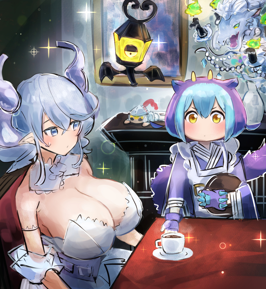 2girls, blue_hair, breasts, cleavage, coffee, demon_girl, demon_horns, dragon_girl, dress, duel_monster, grey_eyes, grey_hair, hatano_kiyoshi, highres, horns, huge_breasts, japanese_clothes, knight_(yu-gi-oh!), labrynth_chandraglier, laundry_dragonmaid, lovely_labrynth_of_the_silver_castle, maid, multiple_girls, serving, wa_maid, white_dress, yellow_eyes, yu-gi-oh!