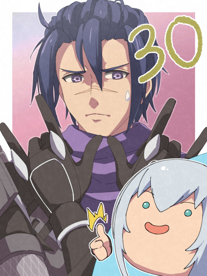 1boy, 1girl, \m/, ^^^, blue_hair, border, chiharu_(9654784), closed_mouth, countdown, double_\m/, eiyuu_densetsu, hair_between_eyes, highres, kai_no_kiseki, kuro_no_kiseki_(series), kurogane_(eiyuu_densetsu), outside_border, purple_eyes, scar, scar_on_face, scar_on_nose, shizuna_rem_misurugi, sweat, thumbs_up, v-shaped_eyebrows, white_border