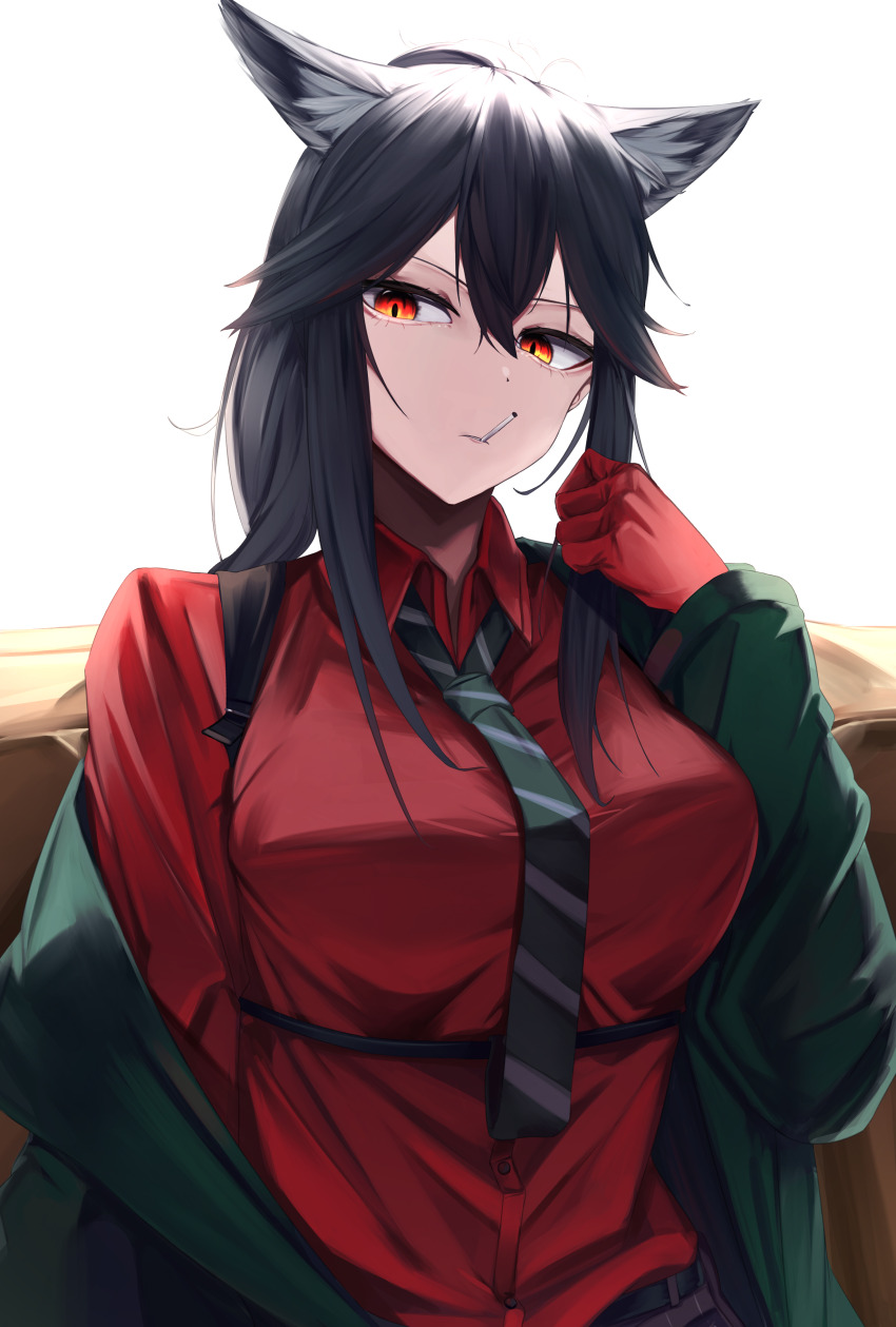 1girl, absurdres, animal_ear_fluff, animal_ears, arknights, black_hair, black_jacket, black_necktie