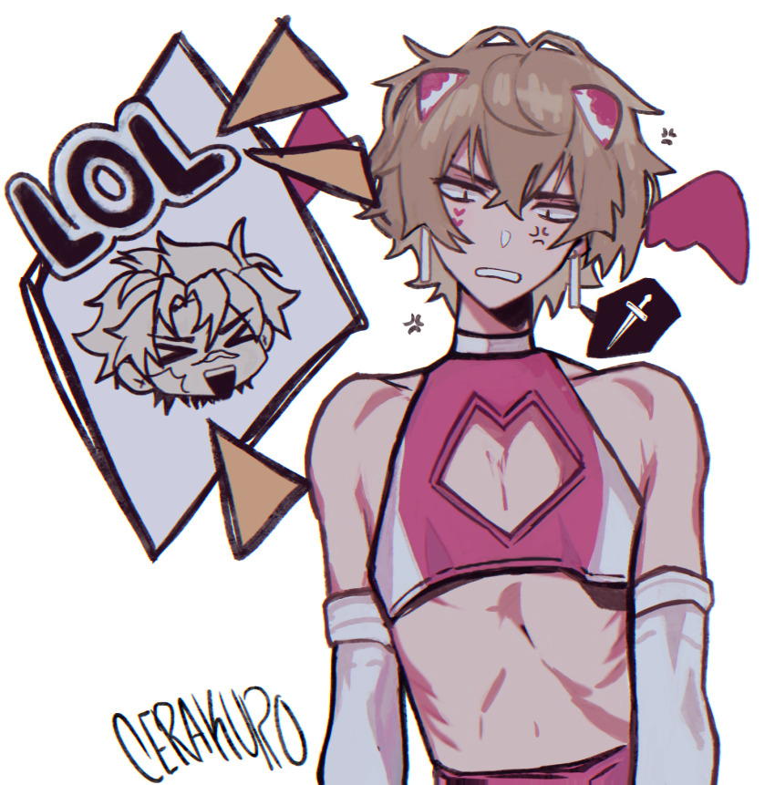 2boys, adapted_costume, animification, annoyed, ariana_griande_(hermitcraft), bishounen, cerakuro, cleavage_cutout, clothing_cutout, commentary, crop_top, crossdressing, crossdressing_(mtf), drag_queen, english_commentary, gloves, goodtimeswithscar, grian_(youtuber), hermitcraft, highres, knife, laughing, light_brown_hair, male_focus, minecraft_youtube, multiple_boys, pink_shirt, shirt, short_hair, signature, simple_background, trap, white_background, white_gloves