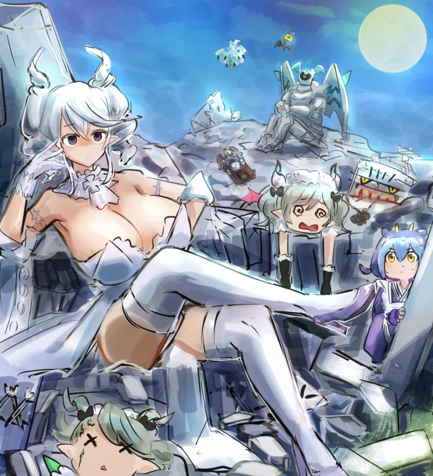1boy, 4girls, arianna_the_labrynth_servant, ariane_the_labrynth_servant, blank_stare, blue_hair, breasts, cleavage