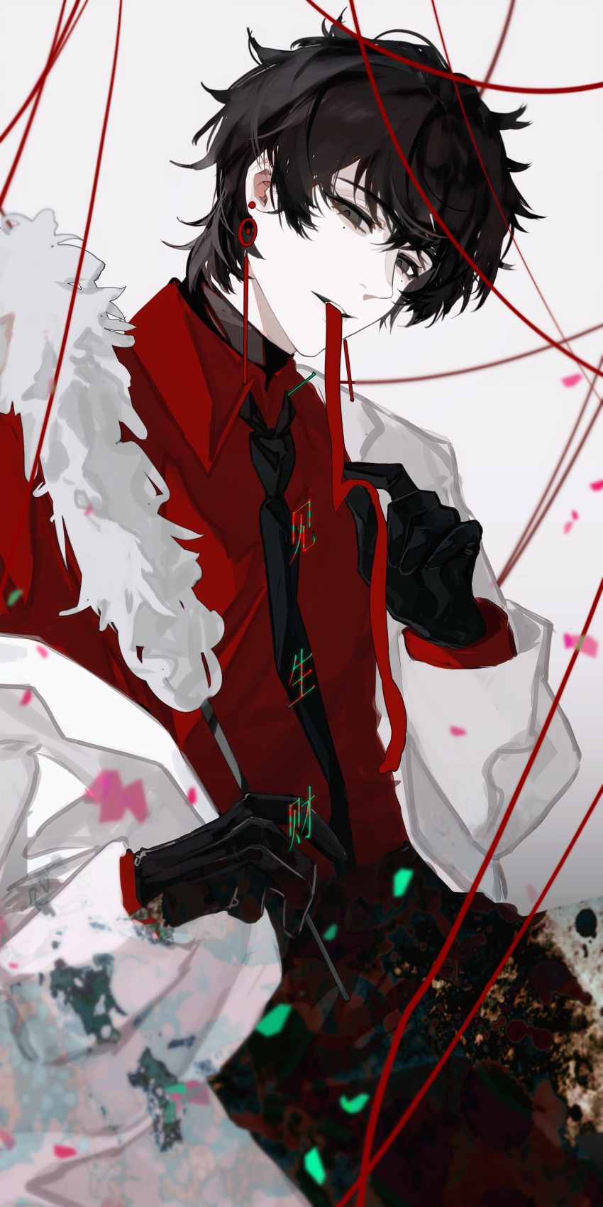 1boy, absurdres, black_eyes, black_gloves, black_hair, black_necktie, chinese_commentary, chinese_text, collared_shirt, commentary_request, earrings, gloves, highres, jacket, jewelry, li_yuting_(male), long_tongue, male_focus, mao_feiniao, mole, mole_under_each_eye, mole_under_eye, multiple_moles, necktie, off_shoulder, open_clothes, open_jacket, red_shirt, shirt, short_hair, solo, tongue, tongue_out, touqi_guaitan, translation_request, very_long_tongue, white_jacket