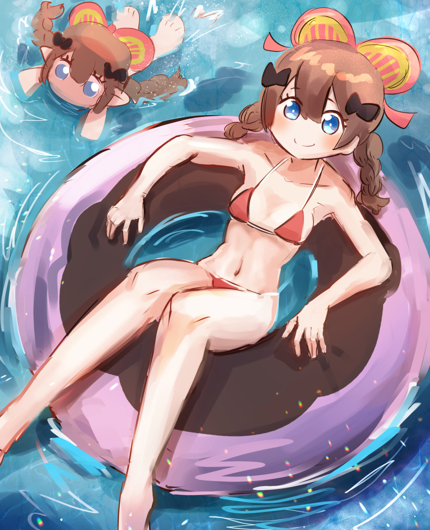 2girls, absurdres, bikini, blue_eyes, breasts, brown_hair, commission, dosolfachord_cutia, duel_monster, familiar, floating, from_above, hatano_kiyoshi, highres, lifebuoy, looking_at_viewer, multiple_girls, navel, red_bikini, skeb_commission, small_breasts, smile, swim_ring, swimsuit, twintails, water, yu-gi-oh!