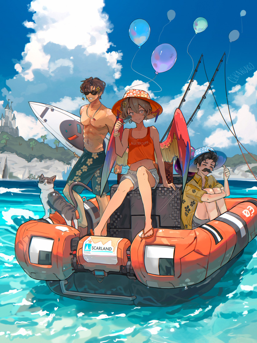3boys, alternate_costume, animal, animification, balloon, bird_boy, bird_wings, black_hair, block_(minecraft), boat, castle, cat, cerakuro, commentary, crop_top, day, english_commentary, facial_hair, flip-flops, food, full_body, goodtimeswithscar, grian_(youtuber), hat, hawaiian_shirt, hermitcraft, highres, holding, holding_food, holding_popsicle, holding_surfboard, in-universe_location, jellie_(hermitcraft), light_brown_hair, looking_at_viewer, male_focus, male_swimwear, midriff, minecraft, minecraft_youtube, multiple_boys, mumbo_jumbo_(youtuber), muscular, muscular_male, mustache, navel, outdoors, pet, popsicle, sandals, scar, scarland, shirt, short_hair, shorts, shulker_box, sitting, standing, sunglasses, surfboard, swim_trunks, tank_top, thumbs_up, topless_male, water, watercraft, wings