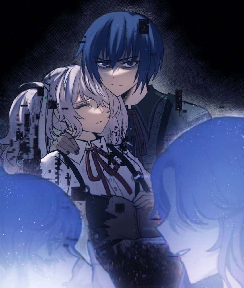 1boy, 25-ji_kaito, 25-ji_miku, 3girls, asahina_mafuyu, asahina_mafuyu's_mother, black_background, blue_eyes