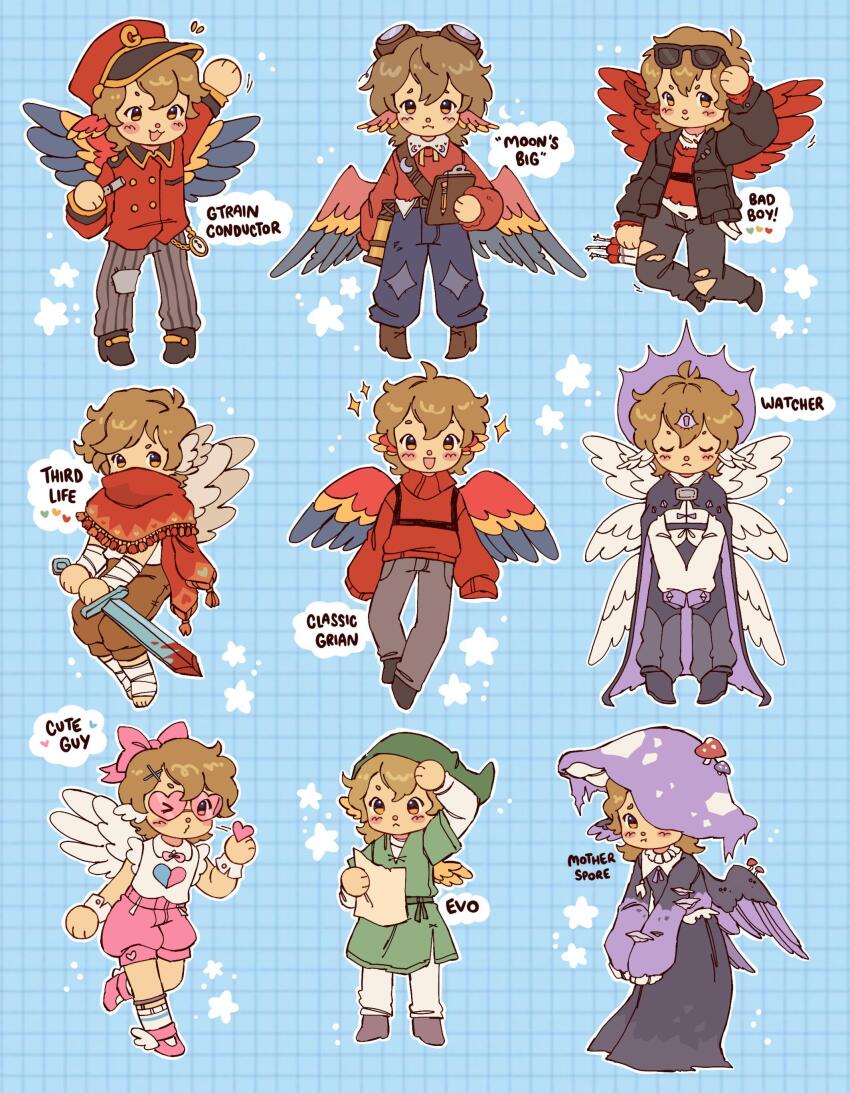 3rd_life_smp, 6+boys, absurdres, adapted_costume, ahoge, alternate_costume, alternate_universe, animification, bad_boys_(limited_life_smp), bird_boy, bird_wings, blood, blowing_kiss, blush, brown_hair, character_name, chest_harness, chibi, chibi_only, clipboard, commentary, cosplay, english_commentary, english_text, evolution_smp, froggyfr1day, full_body, goggles, goggles_on_head, grian_(conductor)_(hermitcraft), grian_(cuteguy)_(hermitcraft), grian_(mother_spore)_(hermitcraft), grian_(youtuber), harness, hat, head_wings, heart, heart-shaped_eyewear, hermitcraft, highres, holding, holding_clipboard, holding_sword, holding_weapon, holding_whistle, in-franchise_crossover, life_heart_(traffic_life), light_brown_hair, limited_life_smp, link, link_(cosplay), looking_at_viewer, male_focus, minecraft_sword, minecraft_youtube, multiple_boys, multiple_persona, multiple_wings, mushroom_hat, nintendo, official_alternate_costume, open_mouth, pants, pink-tinted_eyewear, red_scarf, red_sweater, scarf, short_hair, smile, standing, star_(symbol), sunglasses, sweater, sword, the_legend_of_zelda, tinted_eyewear, traffic_life_series, train_conductor, trap, turtleneck, turtleneck_sweater, watcher_(evolution_smp), waving, weapon, whistle, wings, yellow_eyes