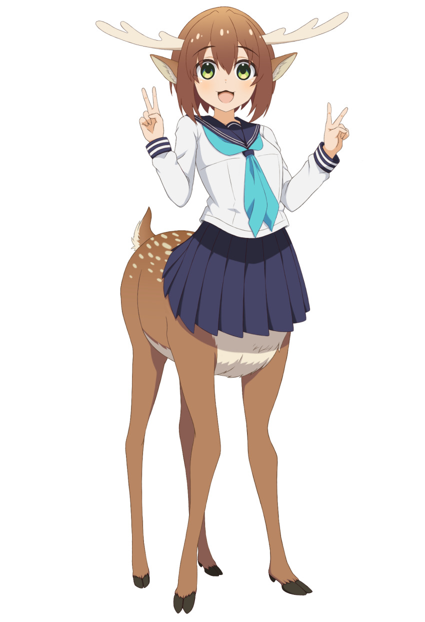 1girl, :3, :d, animal_ears, antlers, aqua_neckerchief, blue_sailor_collar, blue_skirt