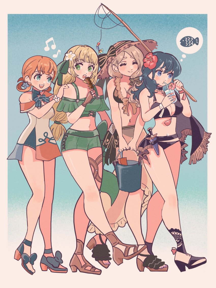 4girls, ^_^, annette_fantine_dominic, bikini, black_bikini, blonde_hair, blue_background, blue_eyes