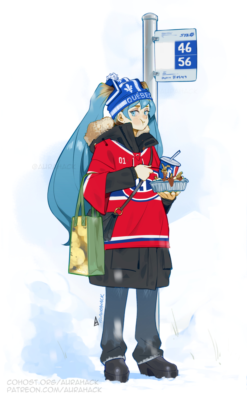 1girl, absurdres, alternate_costume, aqua_eyes, aqua_hair, aurahack, bag, beanie, black_boots, black_coat, blue_hat, blue_pants, boots, brown_hair, bus_stop, canada, canadian_miku, coat, cup, disposable_cup, drinking_straw, eating, fleur-de-lis, fork, full_body, fur-trimmed_coat, fur_trim, gradient_hair, hat, hatsune_miku, highres, holding, holding_fork, jersey, long_hair, montreal_canadiens, multicolored_hair, national_hockey_league, pants, pepsi, pom_pom_(clothes), pom_pom_beanie, poutine, shopping_bag, soda, standing, twintails, vocaloid, winter_clothes, worldwide_miku