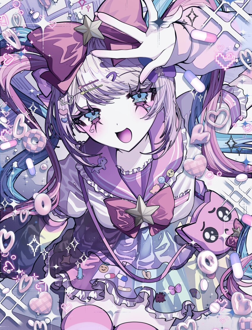 1girl, :d, arm_up, bag, blonde_hair, blue_eyes, blue_hair, bow