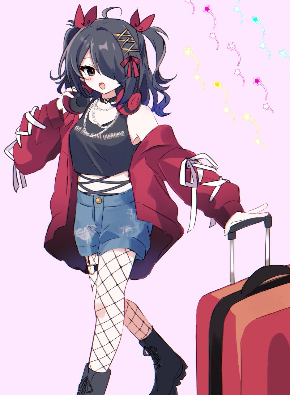 1girl, :d, ame-chan_(needy_girl_overdose), ame-chan_(nidiga_tozai)_(needy_girl_overdose), black_boots, black_choker, black_hair, black_shirt