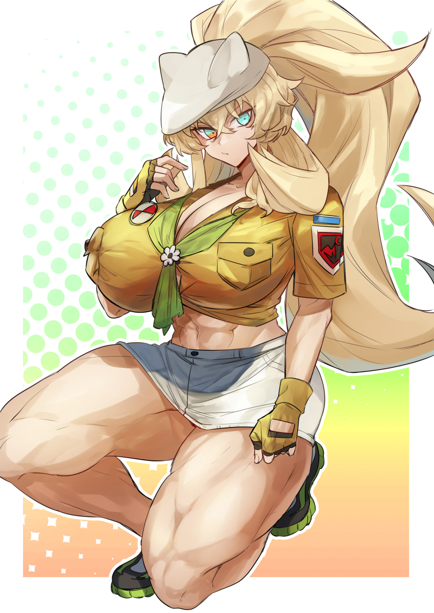 1girl, absurdres, ascot, barghest_(fate), barghest_(swimsuit_archer)_(first_ascension)_(fate), blue_eyes, breasts, brown_shirt, cleavage, fate/grand_order, fate_(series), fingerless_gloves, full_body, gloves, green_ascot, green_shoes, hand_up, heterochromia, highres, huge_breasts, kneeling, long_hair, looking_at_viewer, melon22, multicolored_background, muscular, muscular_female, on_one_knee, ponytail, rakka_1, shirt, shoes, skirt, sneakers, solo, white_hair, white_skirt, yellow_eyes, yellow_gloves