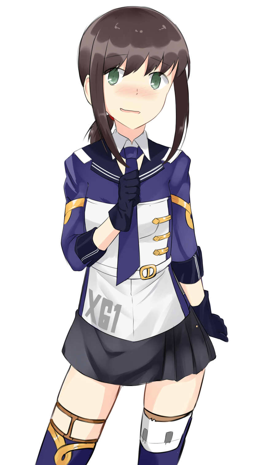 1girl, absurdres, belt, black_skirt, blue_gloves, blue_necktie, blue_shirt, blue_thighhighs