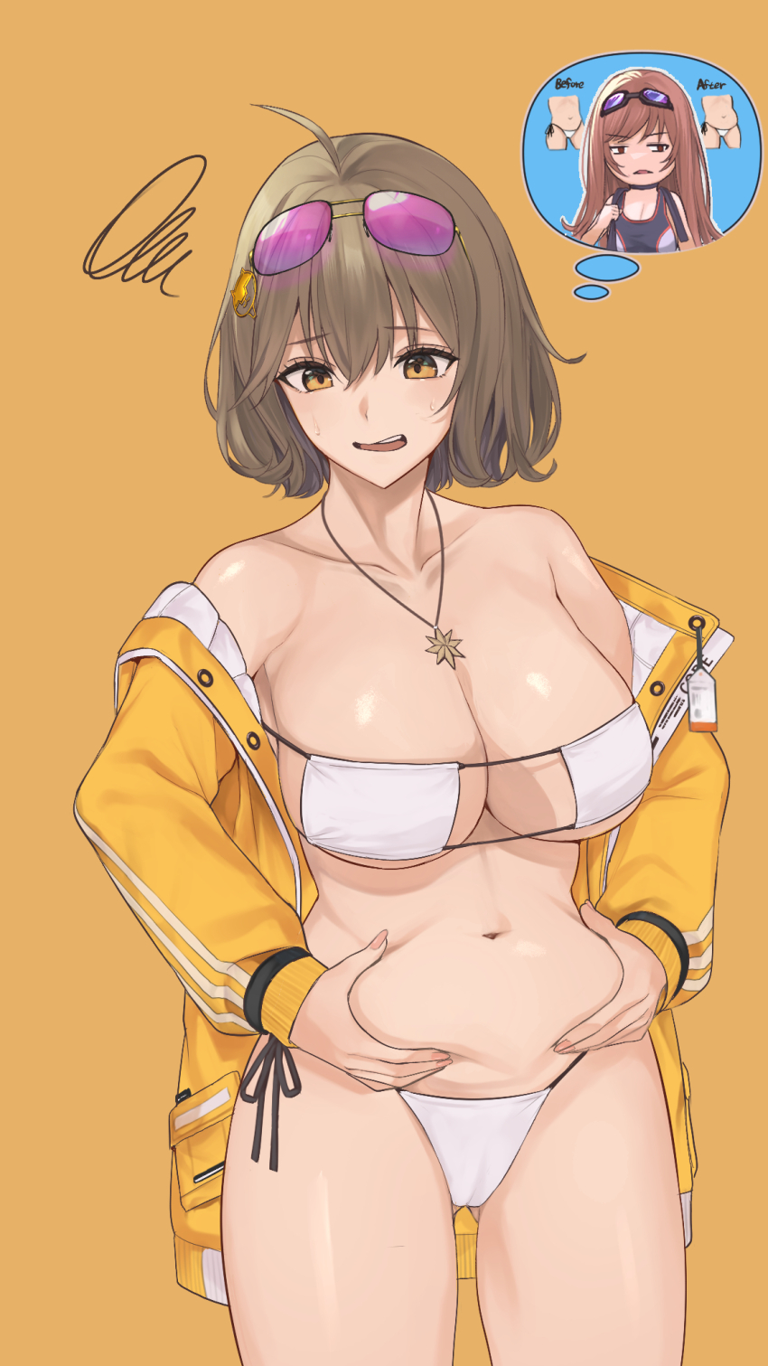 2girls, anis_(nikke), anis_(sparkling_summer)_(nikke), aviator_sunglasses, bikini, breasts, brown_eyes, brown_hair, cleavage, eyepatch_bikini, eyewear_on_head, goddess_of_victory:_nikke, highres, jacket, jewelry, large_breasts, multiple_girls, nagato_tsumugu, navel, necklace, off_shoulder, official_alternate_costume, pinching_own_belly, plump, rapi_(classic_vacation)_(nikke), rapi_(nikke), speech_bubble, star_(symbol), star_necklace, sunglasses, swimsuit, thought_bubble, tinted_eyewear, white_bikini, yellow_jacket