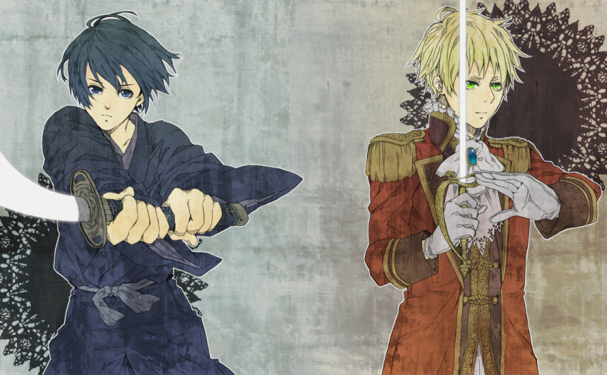 2boys, axis_powers_hetalia, blonde_hair, blue_eyes, blue_hair, ascot, epaulettes, eyebrows
