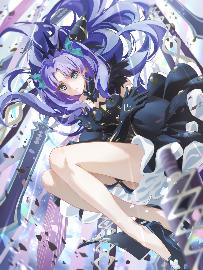 1girl, aopix_001, aqua_ribbon, bare_shoulders, black_dress, black_footwear, black_gloves, blue_eyes