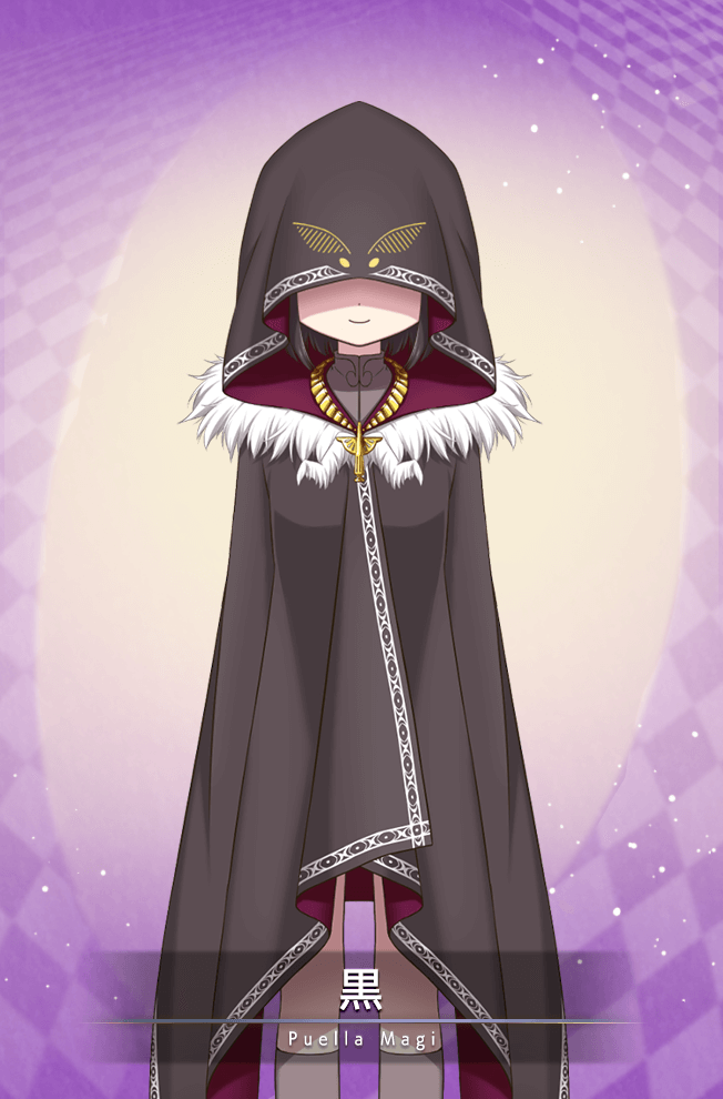 1girl, artist_request, black_cloak, brown_hair, character_name, checkered_background, cloak, closed_mouth