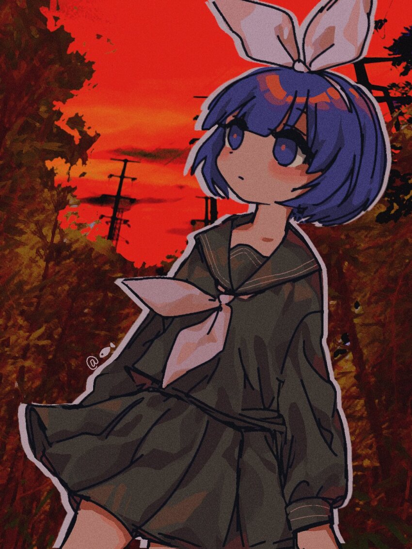 1girl, 2023, alternate_costume, black_serafuku, blue_eyes, blue_hair, bow, commentary