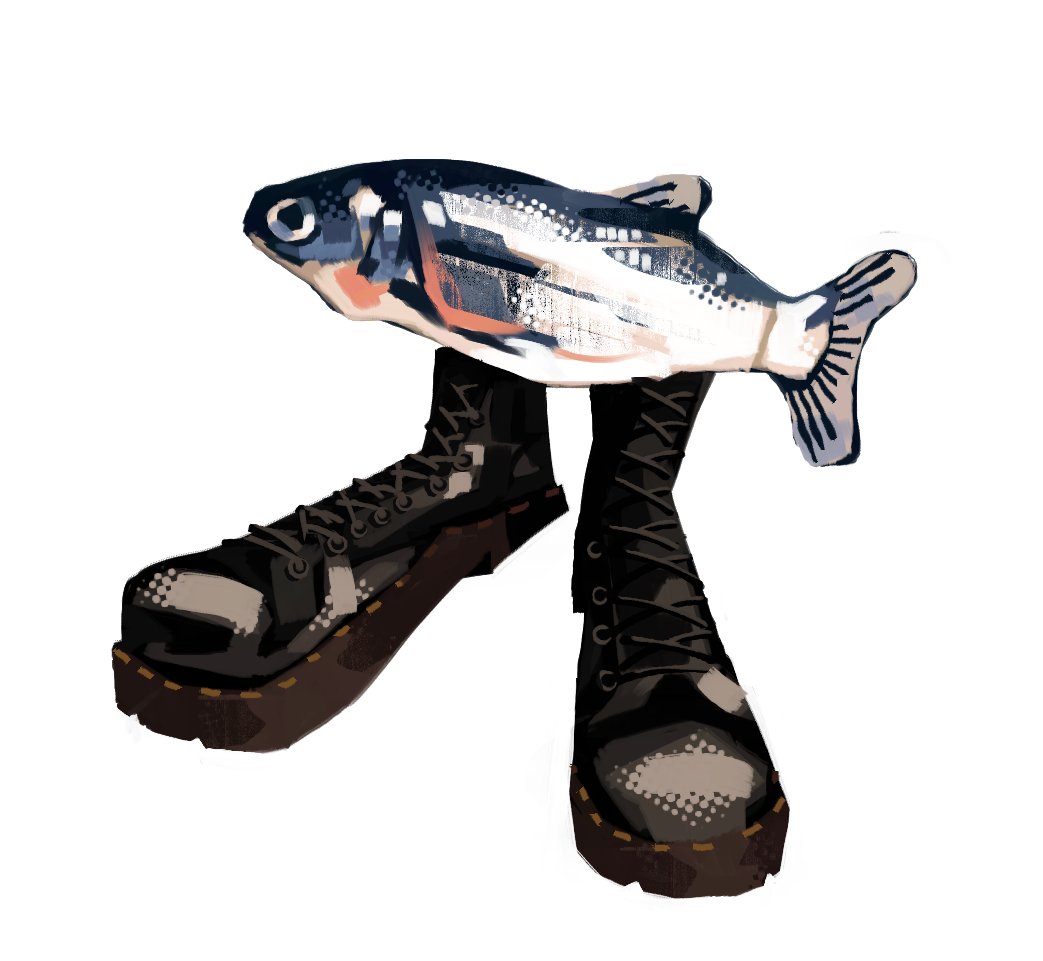 animal, animal_focus, black_footwear, boots, commentary, drip_(meme), english_commentary, fish