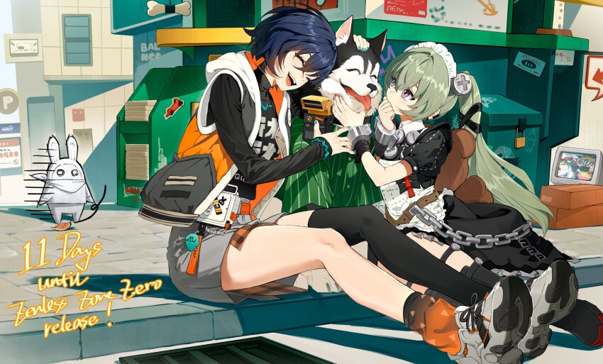 282milk, 2girls, absurdres, belle_(zenless_zone_zero), black_thighhighs, blue_hair, blue_nails, cityscape, closed_eyes, commentary, corin_wickes, crossed_bangs, dog, english_commentary, eous_(zenless_zone_zero), fingernails, full_body, green_hair, grey_shorts, hair_between_eyes, highres, howl_(zenless_zone_zero), long_hair, maid, maid_headdress, multiple_girls, nail_polish, open_mouth, outdoors, purple_eyes, shadow, short_hair, shorts, sidelocks, single_thighhigh, sitting, smile, teeth, thighhighs, twintails, upper_teeth_only, zenless_zone_zero