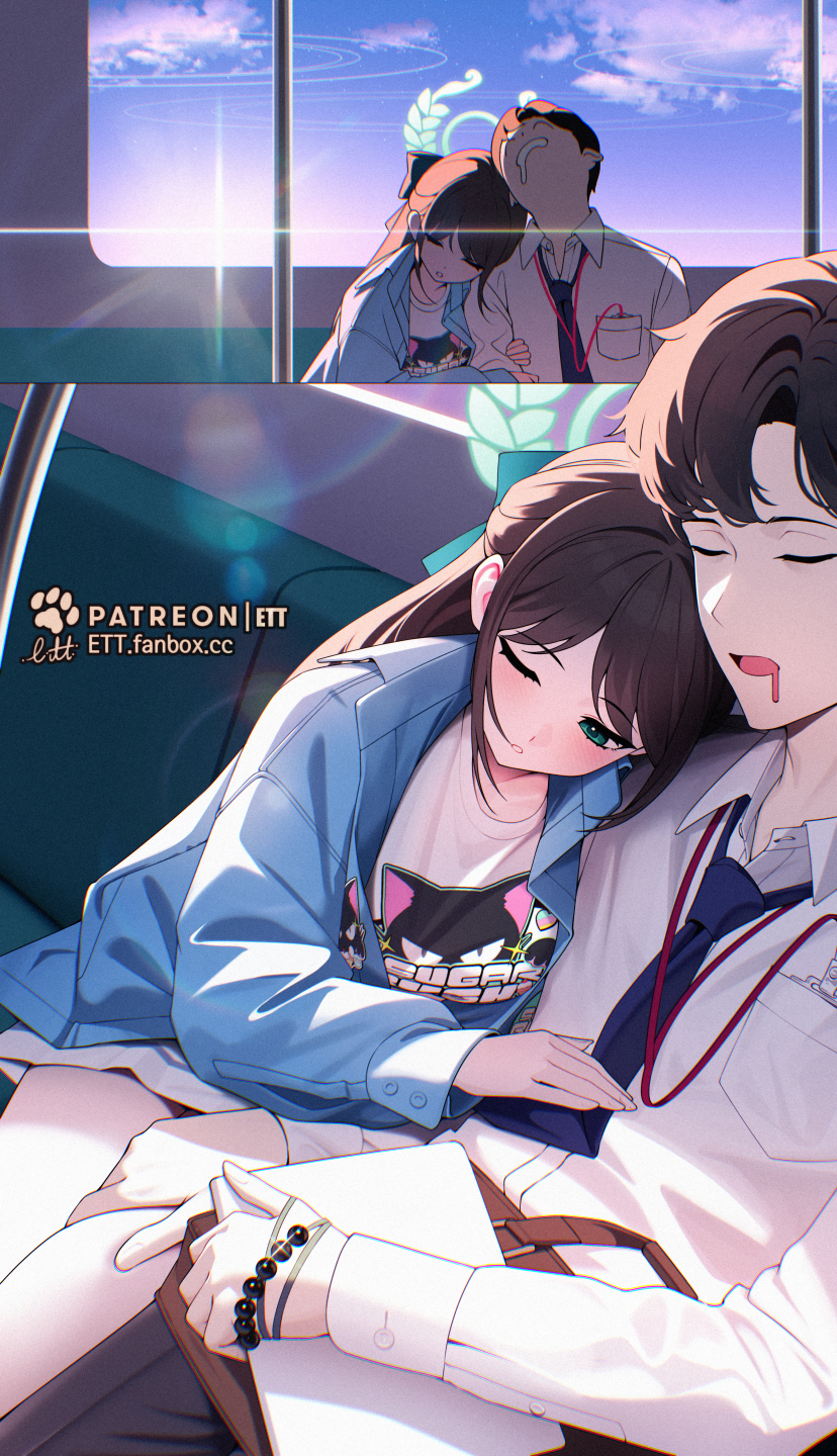 1girl, airi_(band)_(blue_archive), airi_(blue_archive), arm_hug, artist_name, bag_on_lap, bead_bracelet, beads