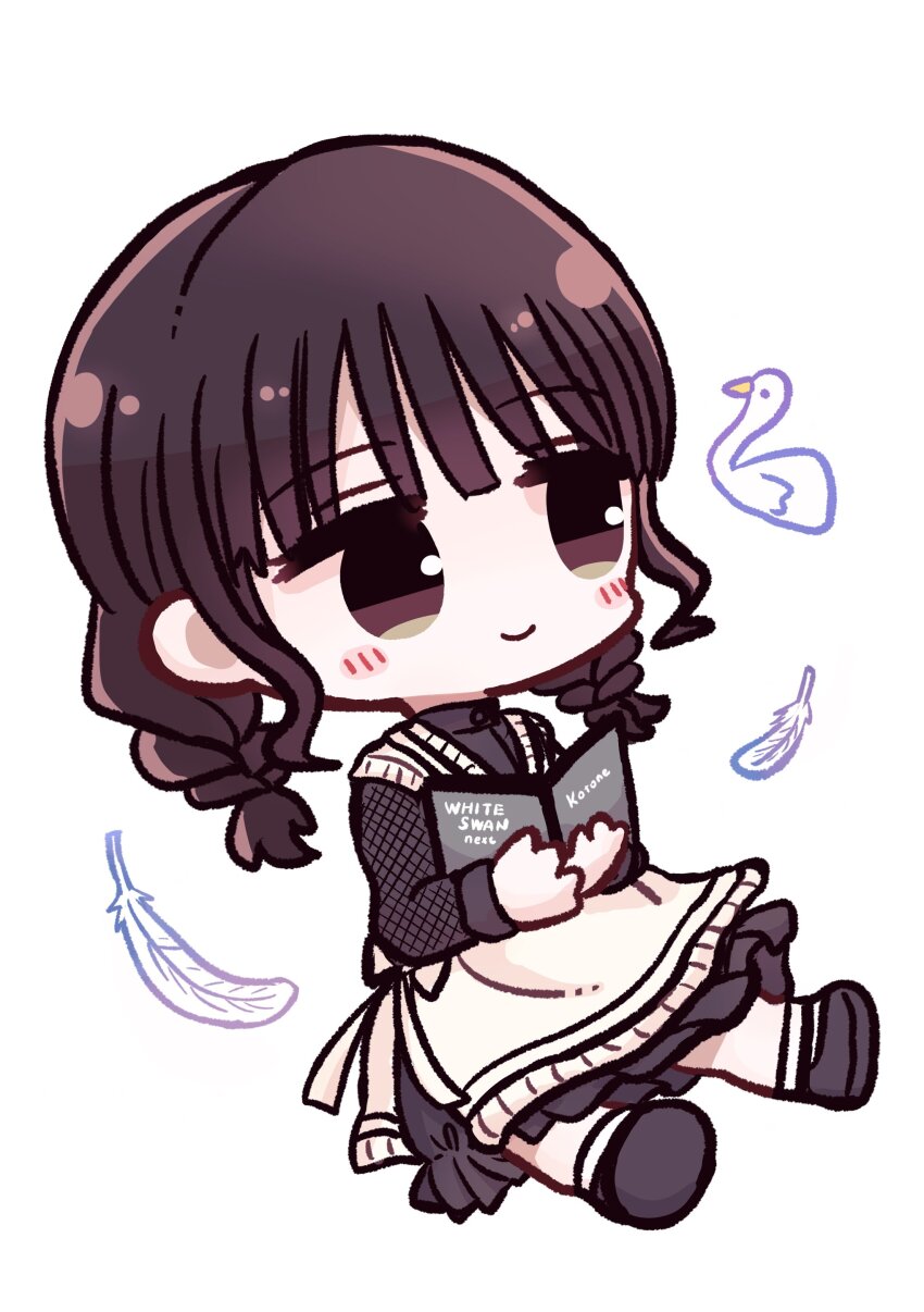 1girl, absurdres, animification, bird, black_dress, black_shoes, blush, book