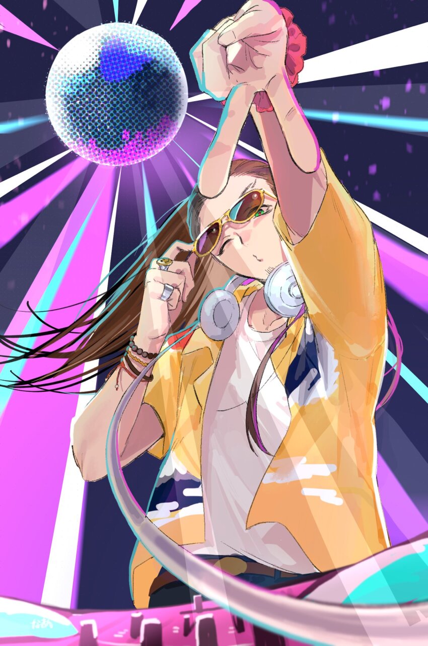 1boy, adjusting_eyewear, ashikaga_takauji_(nige_jouzu_no_wakagimi), brown_hair, disco_ball, dj, green_eyes, hawaiian_shirt