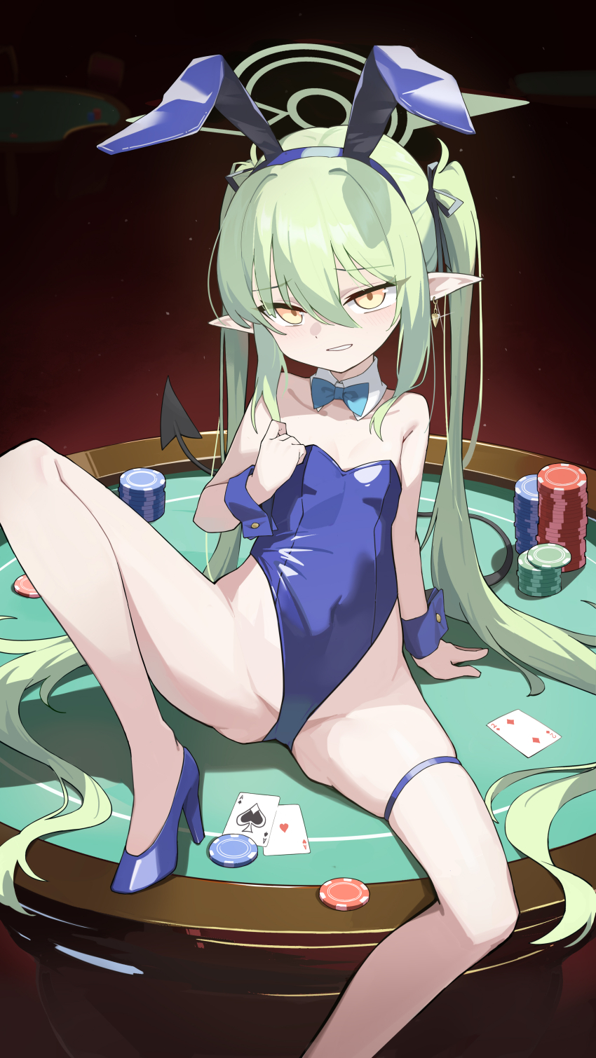 1girl, absurdres, ace_(playing_card), ace_of_hearts, ace_of_spades, animal_ears, bare_shoulders, black_ribbon, black_tail, blue_archive, blue_bow, blue_bowtie, bow, bowtie, card, clenched_teeth, collar, collarbone, demon_tail, detached_collar, earrings, fake_animal_ears, green_hair, green_halo, hair_between_eyes, hair_ribbon, halo, heart, high_heels, highres, jewelry, kaminari_(edeath), leg_up, leotard, long_hair, looking_at_viewer, nozomi_(blue_archive), playboy_bunny, playing_card, pointy_ears, poker_chip, poker_table, purple_footwear, purple_leotard, purple_wrist_cuffs, rabbit_ears, ribbon, sidelocks, sitting, sitting_on_table, solo, spade_(shape), strapless, strapless_leotard, table, tail, teeth, thigh_strap, thighs, tsurime, twintails, two_of_diamonds, very_long_hair, white_collar, wrist_cuffs, yellow_eyes