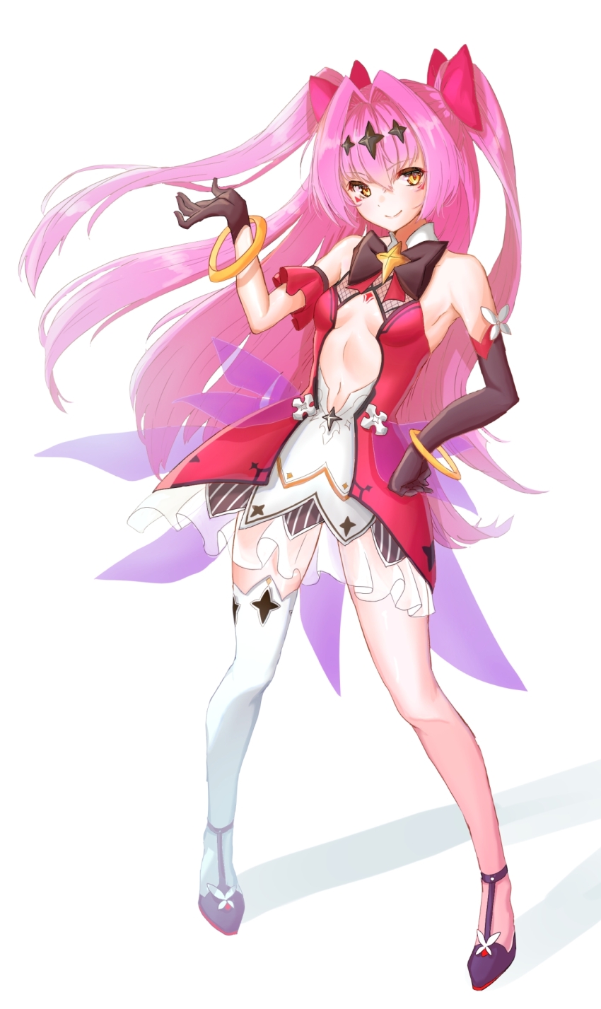 1girl, asymmetrical_gloves, asymmetrical_legwear, bare_shoulders, black_bow, black_bowtie, black_gloves, bow