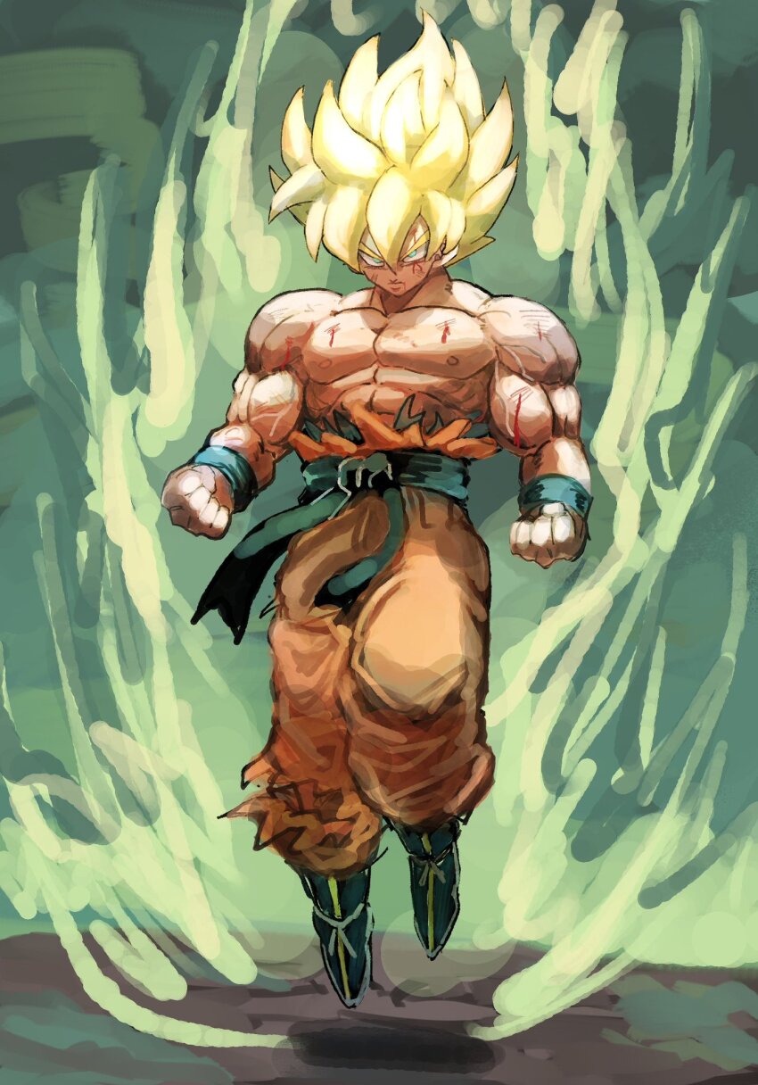 1boy, blonde_hair, blood, closed_mouth, dragon_ball, green_eyes, highres, male_focus