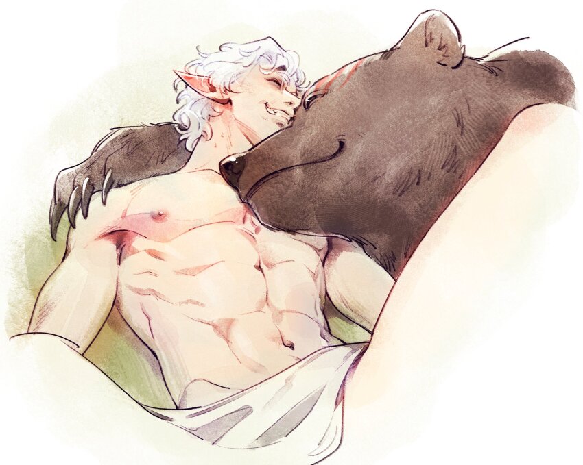 1boy, abs, animalization, asahi_(baiyameng), astarion, baldur's_gate, baldur's_gate_3, bara, bear, blanket, brown_bear, closed_eyes, cropped_torso, grin, halsin, highres, lying, male_focus, muscular, muscular_male, navel, nipples, pectorals, person_and_animalization, pointy_ears, short_hair, smile, teeth, under_covers, white_background, white_hair