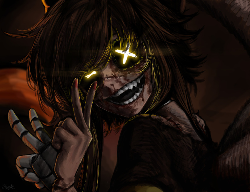 1girl, black_shirt, blood, blood_from_mouth, blood_on_face, commentary, cyn_(murder_drones), dark, english_commentary, evil_grin, evil_smile, extra_hands, from_side, glowing, glowing_eyes, grin, head_tilt, highres, horror_(theme), looking_at_viewer, m4skedboi, mechanical_hands, murder_drones, open_mouth, portrait, sharp_teeth, shirt, short_hair_with_long_locks, short_sleeves, signature, smile, solo, stitched_face, stitches, symbol-shaped_pupils, teeth, v, wings, x-shaped_pupils, yellow_pupils
