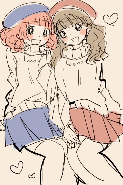 2girls, bemani, beret, blue_hat, blue_skirt, blunt_bangs, blush, bright_pupils