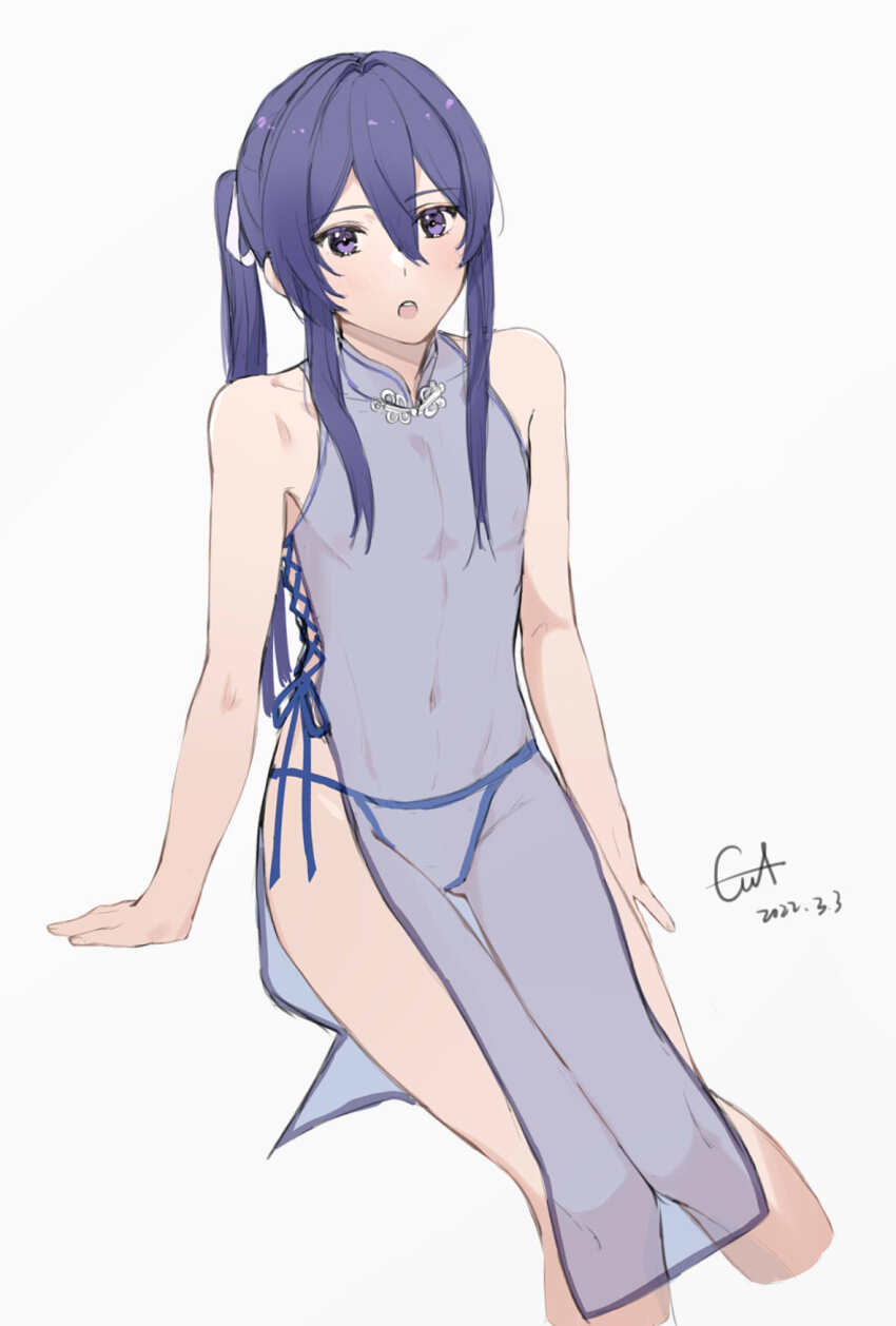 1boy, :o, blue_dress, blue_trim, bow, china_dress, chinese_clothes, collarbone, covered_abs, covered_erect_nipples, covered_navel, covered_pectorals, cross-laced_clothes, cross-laced_dress, crossdressing, crossdressing_(mtf), dated, dress, ensemble_stars!, feet_out_of_frame, frog_button, from_above, gluteal_fold, groin, hair_between_eyes, hair_bow, hair_intakes, highres, kanzaki_souma, knees_together_feet_apart, looking_at_viewer, male_focus, mandarin_collar, nancy980216, panties, pectorals, pelvic_curtain, ponytail, purple_eyes, purple_hair, see-through_clothes, see-through_dress, sidelocks, signature, simple_background, sitting, solo, string_panties, teeth, thigh_gap, underwear, upper_teeth_only, white_background, white_bow, white_panties