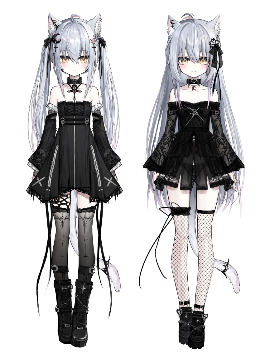 absurdres, animal_ear_fluff, animal_ears, black_dress, black_footwear, black_panties, black_ribbon, black_thighhighs