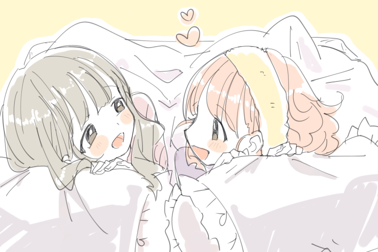 2girls, bemani, black_eyes, black_hair, blush, blush_stickers, brown_hair, heart