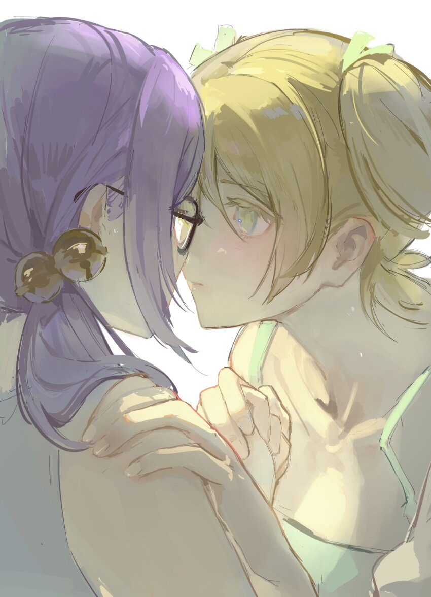 2girls, bare_shoulders, bell, black-framed_eyewear, blonde_hair, camisole, closed_mouth, collarbone