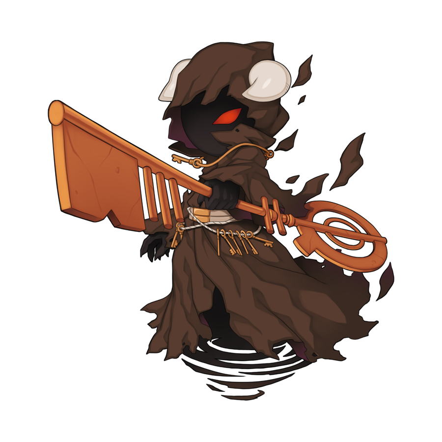 1other, black_skin, brown_cloak, chibi, chibi_only, cloak, colored_sclera, colored_skin, dark_guardian_kades, full_body, ghost_tail, holding, holding_sword, holding_weapon, hood, hooded_cloak, horns, horns_through_hood, key, keyblade, keyring, looking_at_viewer, no_pupils, other_focus, ragnarok_online, red_sclera, simple_background, solo, sword, transparent_background, weapon, white_horns, yuichirou