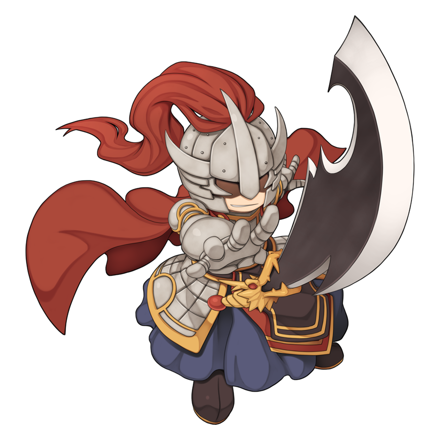 1boy, armor, black_boots, blue_pants, boots, breastplate, cape, chibi, chibi_only, faceless, faceless_male, faulds, full_body, gauntlets, general_daehyun, grin, halberd, helmet, knight, korean_clothes, male_focus, pants, plume, polearm, ragnarok_online, red_cape, simple_background, smile, solo, transparent_background, weapon, yuichirou